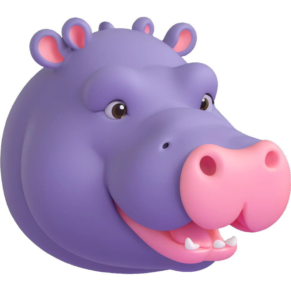 3D emoji style hippo face, side view, mouth open, simple and cute emoji