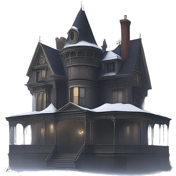 Fantastic Wide full view, A very roomy ramshackle Victorian Addams’s mansion looms through light fog at noon  emoji