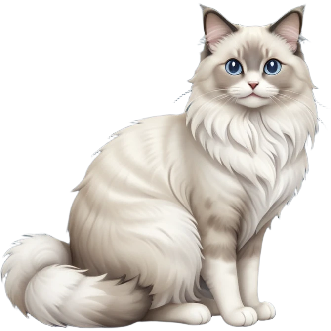 cinematic-[Ragdoll cat]-realistic-full-body-sitting-emoji,-tail-curled-playfully-around-its-paws,-head-tilted-dramatically,-fluffy-[grey ragdoll cat]-fur,-simplified-yet-realistic-focused-features,-highly-detailed,-glowing-with-an-almost-sarcastic-glow emoji