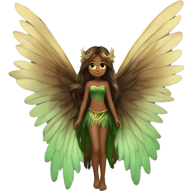 big wings, Beautiful, fairy, gold, brown, dark green, green, long hair emoji