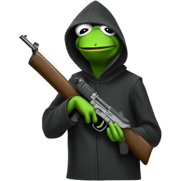 Hooded Kermit the frog with a gun emoji