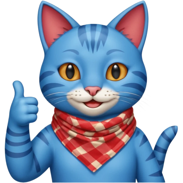 A Blue Cat smiling and giving thumbs up, wearing red Checkered Triangle scarf emoji