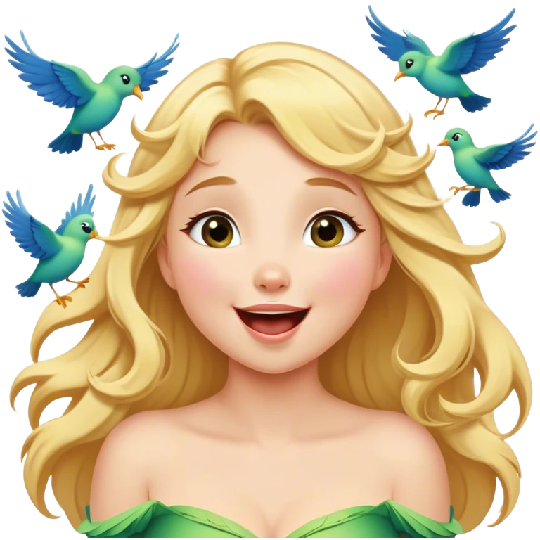 Cinematic Adorable Aurora Portrait Emoji, Giggling in surprise as birds land on her shoulders, cheeks flushed, golden locks bouncing, an irresistible mix of playfulness and beauty! emoji