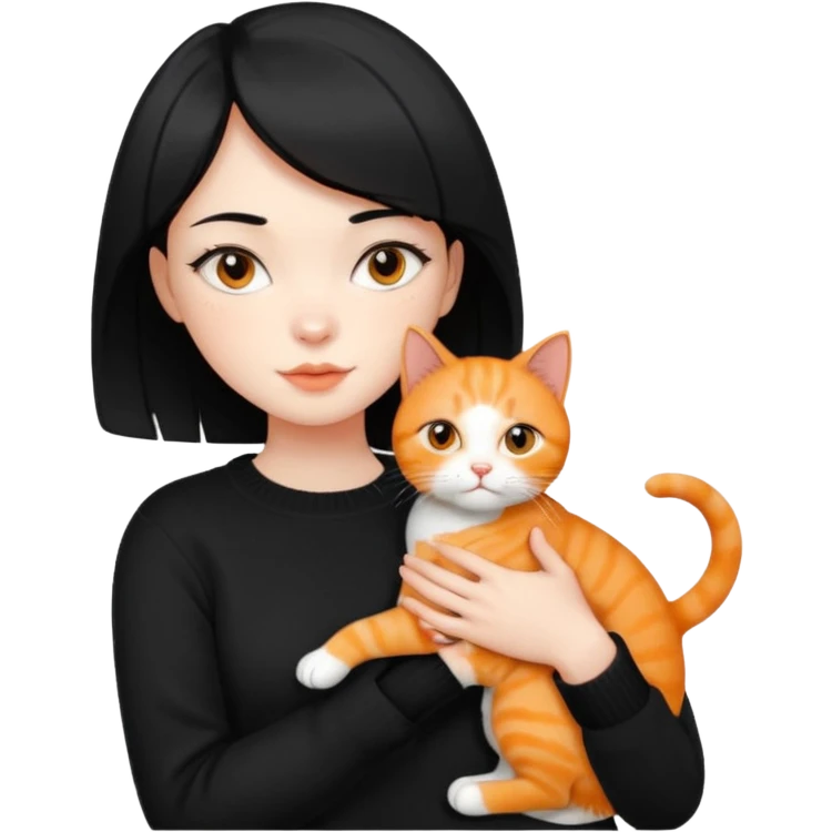 A beautiful girl with short black hair in a black sweater holds a orange cat in her arms emoji