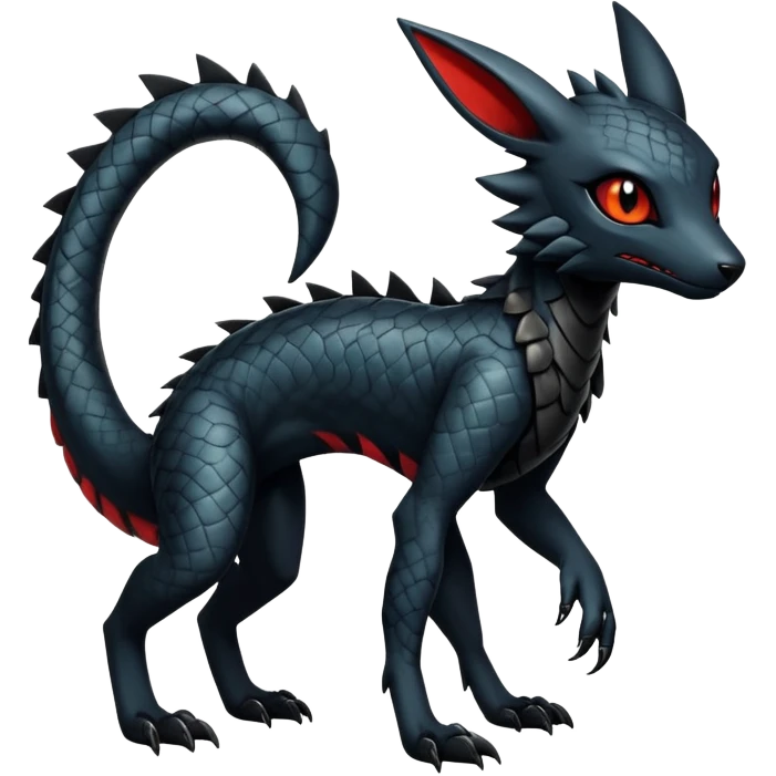 Sophisticated Modern Gothic Gloomy Futuristic Scaly Cyber-Salandit-Umbreon-Litten-Hybrid (Full body) emoji