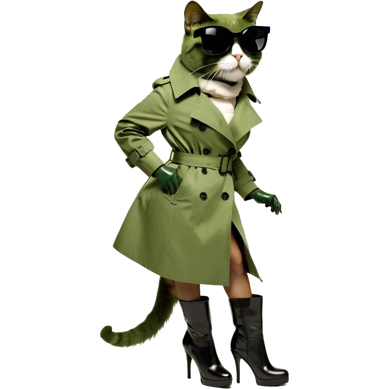 Cat wearing a trench coat with sunglasses while wearing high heel boots emoji