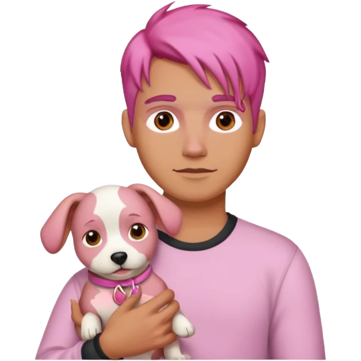 A guy with pink hair holding pink dog emoji
