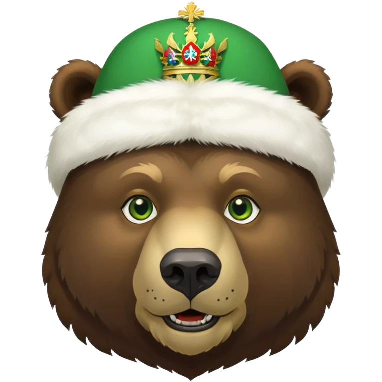 Dark brown grizzly bear face with green eyes, wearing a white fur hat with golden Russian coat of arms in the middle emoji