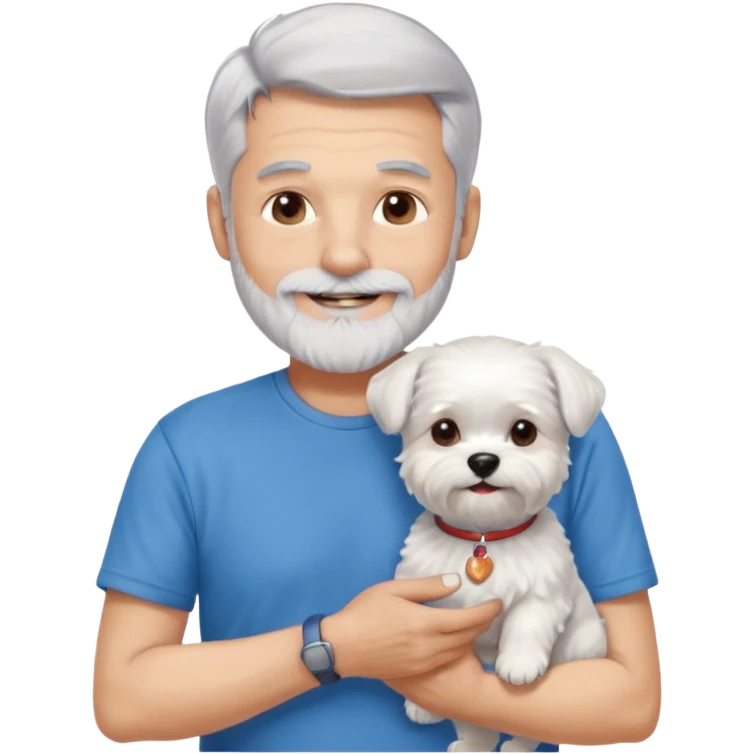 handsome gentleman, 60 years old, silver hair short, full beard, wearing a blue t-shirt, smiling and holding a maltese dog emoji
