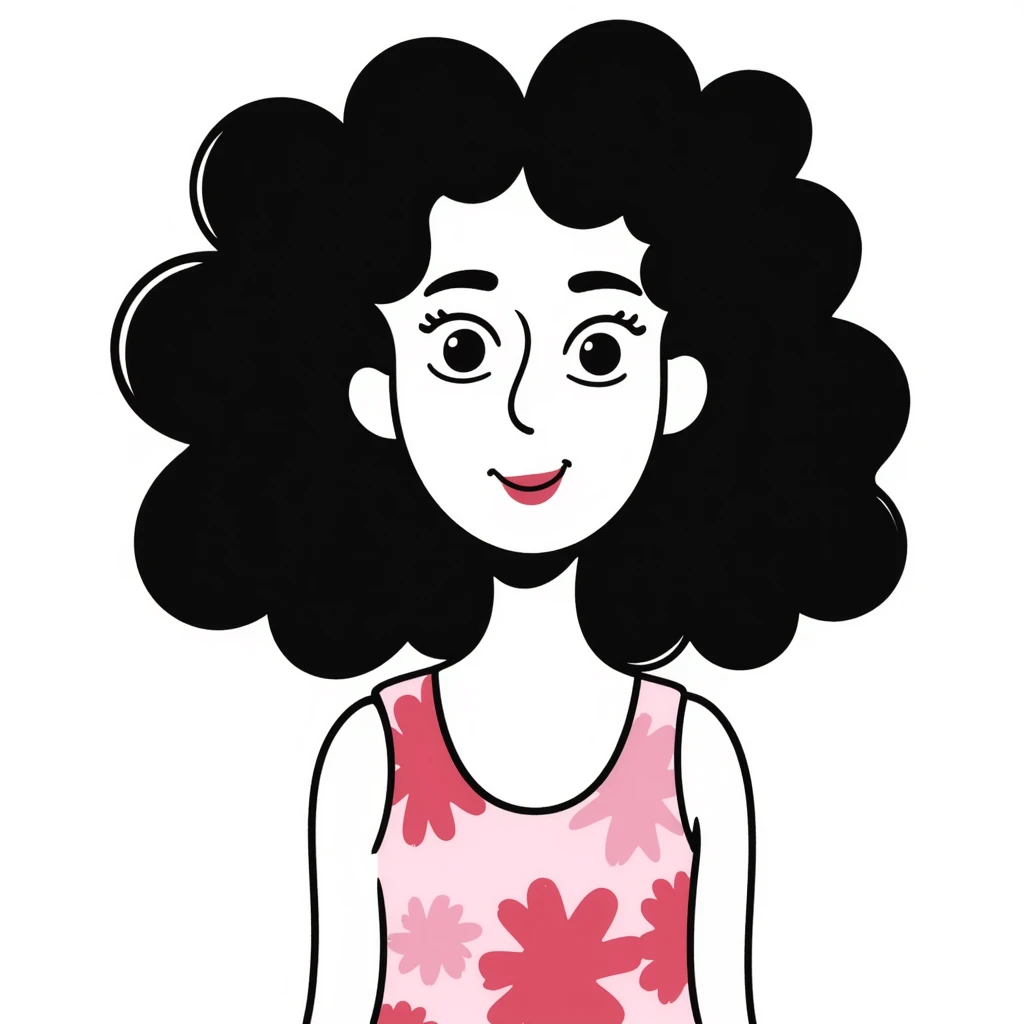 Woman in her 30s with clear skin, elongated face, soft cheeks, large expressive brown eyes, natural eyebrows, defined nose, full lips with soft red lipstick, abundant dark brown curly hair, wearing pink tie-dye tank top emoji