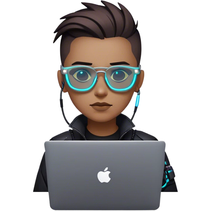 An emoji of a person with a laptop, but wearing cyberpunk glasses and with a slight neon glow emoji