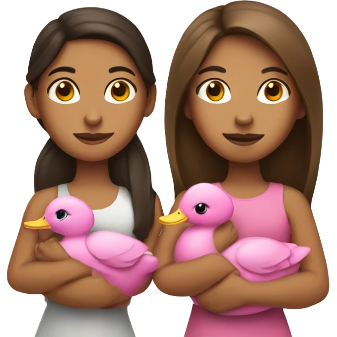 two tan brunette girls holding a pink duck emoji