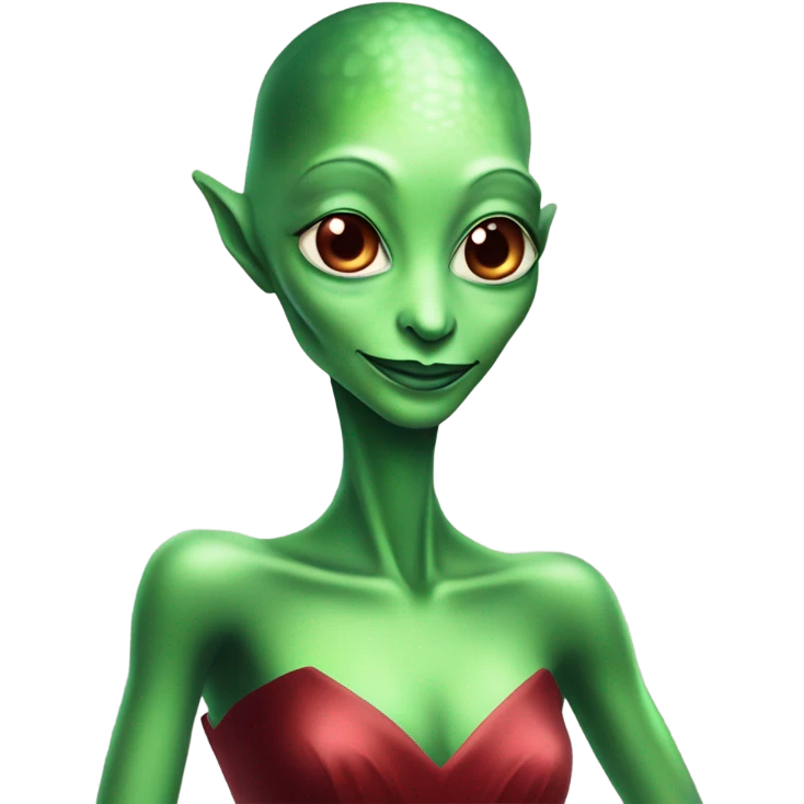 reptilian green alien woman, in long slim pastel red formal party satin dress with gradient shiny sparkling dark red emoji