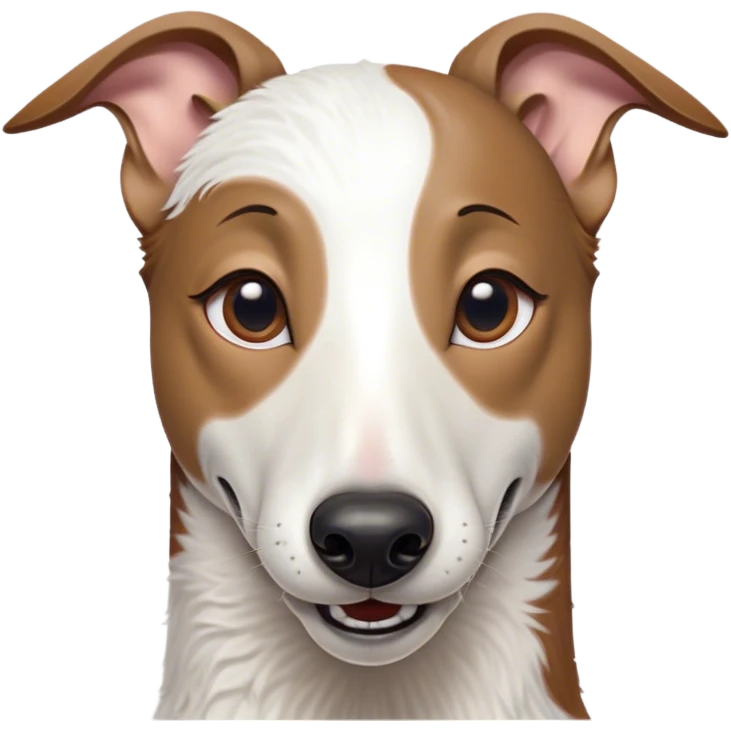 Cinematic Comical White and Brown Greyhound Portrait Emoji, Head tilted dramatically with an exaggeratedly amused expression, featuring a striking white Fur with dynamic brown accents, wide, expressive eyes filled with playful disbelief, Simplified yet hilariously expressive features, highly detailed, glowing with a slightly sassy glow, high shine, dramatic yet playful, stylized with an air of cheeky mischief, bright and endearing, soft glowing outline, capturing the essence of a spirited and over-the-top racer, so meme-worthy it feels like it could side-eye its way into internet fame instantly! emoji