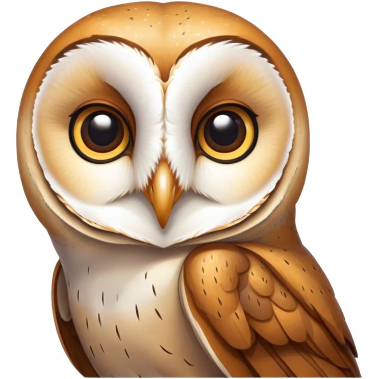 Cinematic Noble Barn Owl Portrait Emoji, Poised and regal, with a slender, graceful build and a striking mottled plumage of whites and browns, deep-set soulful amber eyes, Simplified yet sharp and sophisticated features, highly detailed, glowing with a soft, dignified glow, high shine, intelligent and mysterious, stylized with an air of nocturnal wisdom, focused and attentive, soft glowing outline, capturing the essence of a watchful and confident fowl, so majestic it feels as though it could silently glide out of the screen with effortless authority! emoji