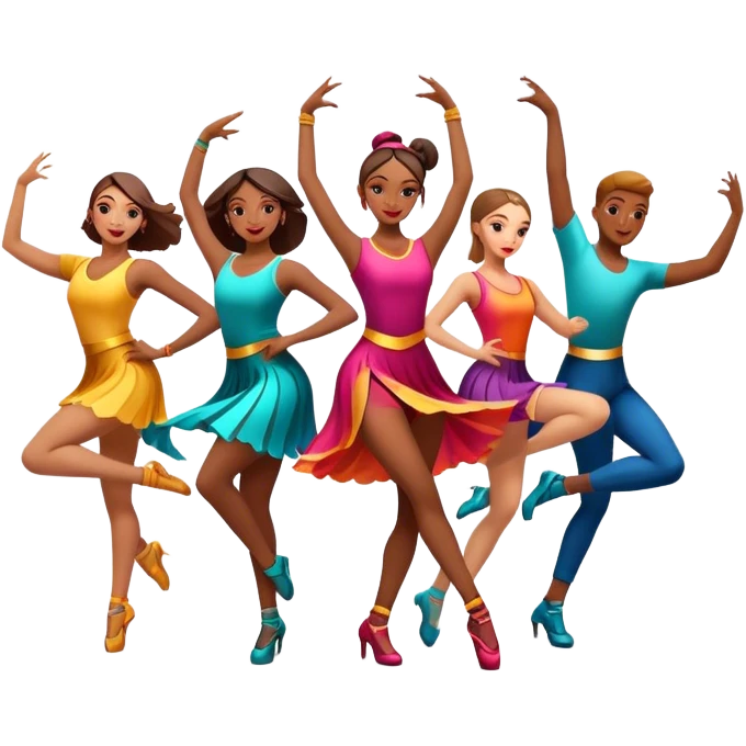 Icon for Contemporary Dance: a synchronized group dance performance with dancers in modern outfits, performing on stage with bright spotlighting and energetic movement. The icon should capture the dynamic and vibrant nature of contemporary dance. Transparent background. emoji