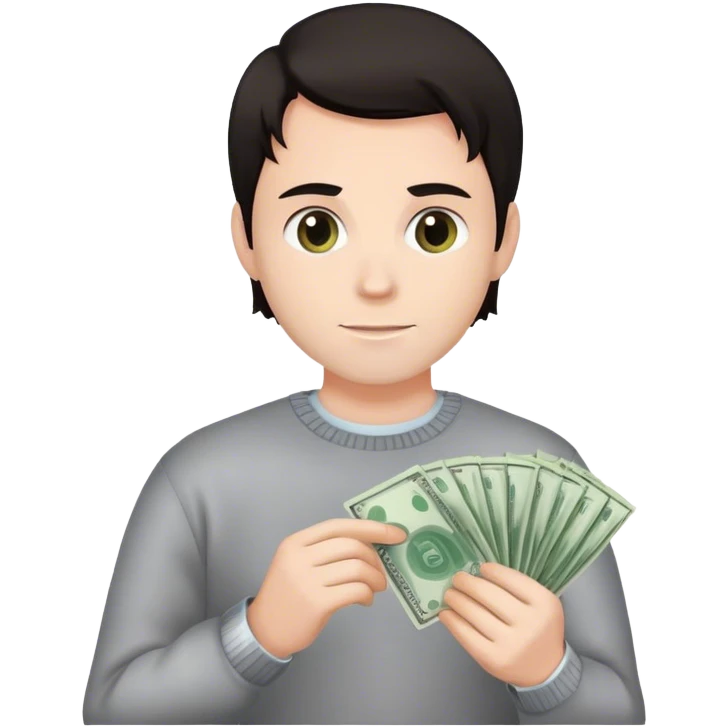 male white realtor hang money in hand, cruel, dark hairsweater,computer in hand,white skin, an avatar image gonna be round  emoji