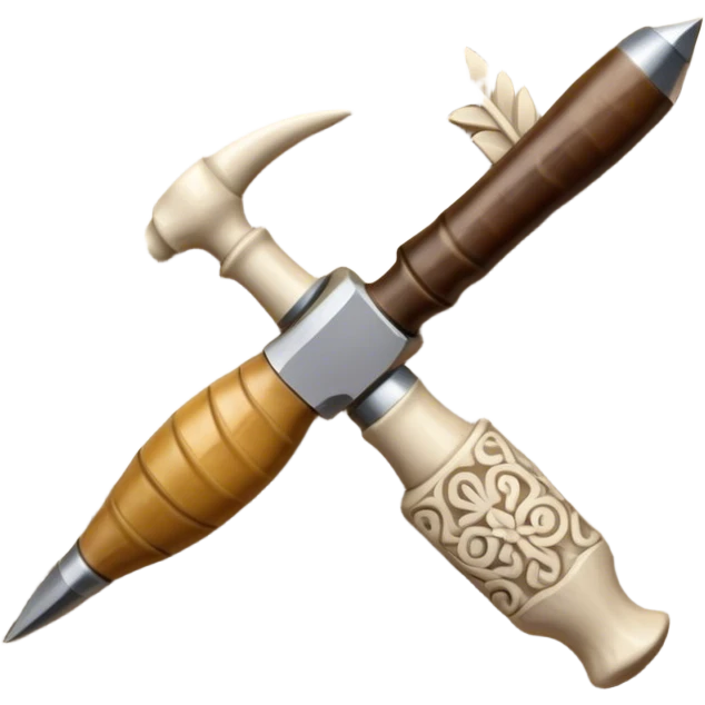 Carving icon, stone, bone, and horn being carved with chisels, fine detailed patterns visible, carving tools like chisel, minimalistic style, clean lines, transparent background. emoji