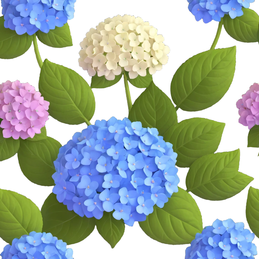 Highly detailed realistic hydrangea flower showing natural texture of many small flowers in a cluster, subtle color variations, and authentic leaf structure emoji