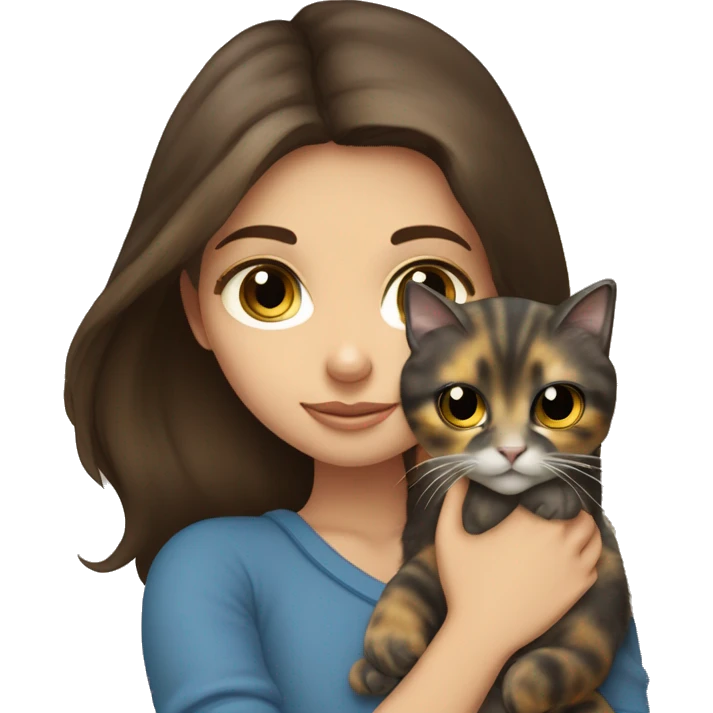 “blue-eyed brunette girl” holds “gray yellow-eyed tortoiseshell cat” in her arms emoji