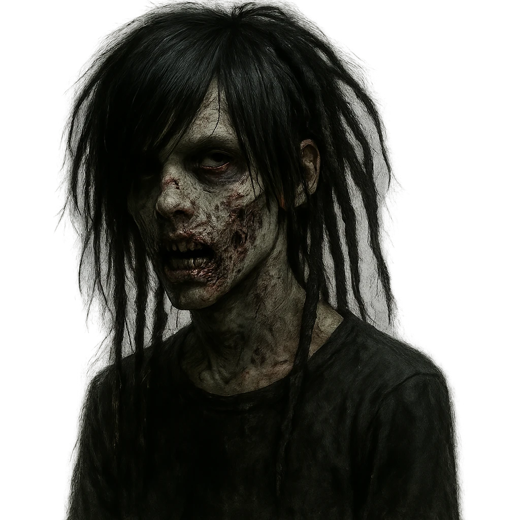 creepy zombie boy with black medium-long emo hair with dreads, dark and spooky emoji