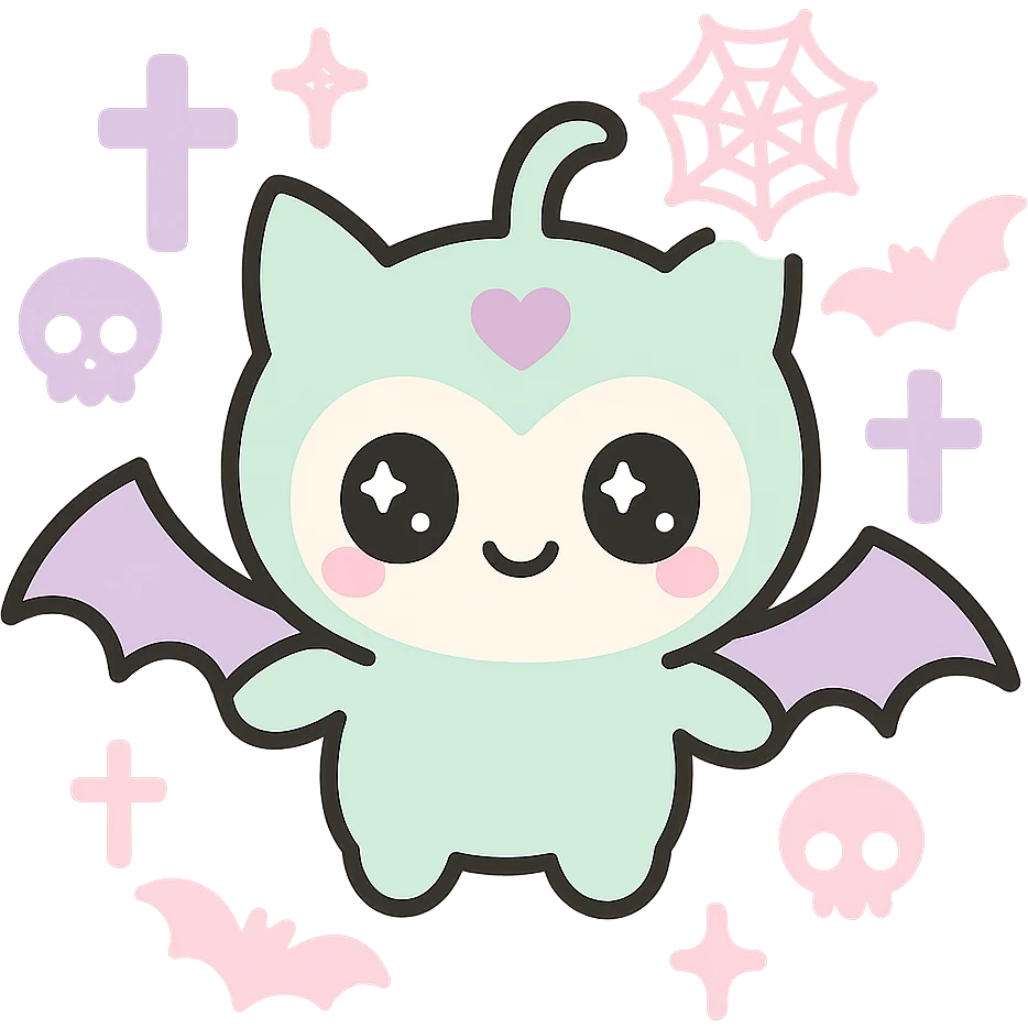Add more gothic symbols such as crosses, spiderwebs, bats, and skulls to the pink and black kawaii phone case. Keep big eyes, bat wings, smiling, cartoonish, playful, with no background. emoji