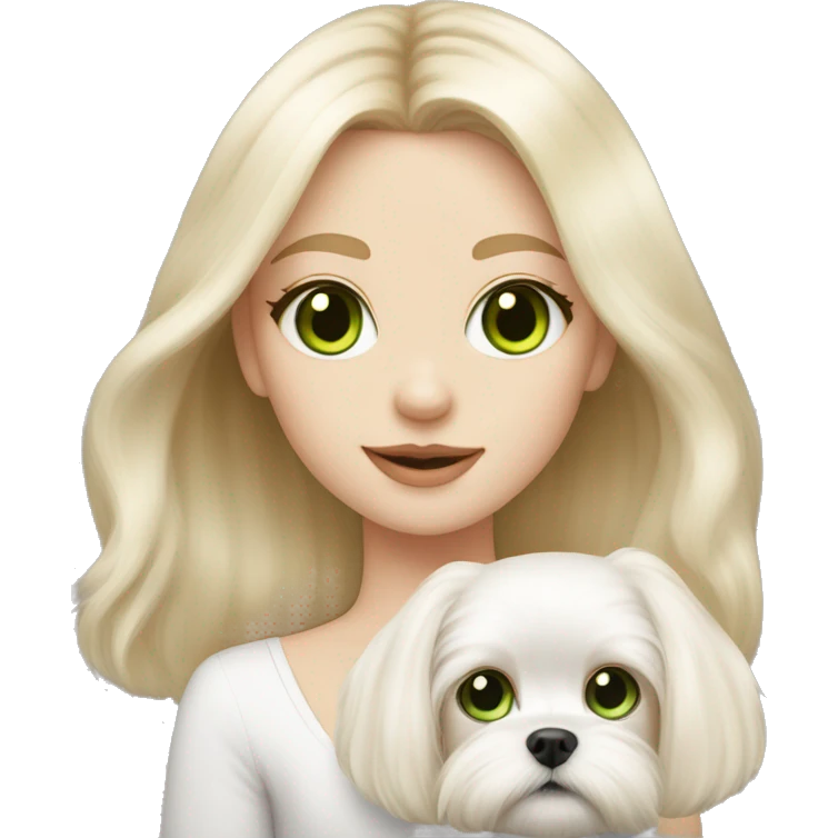 Blonde girl, pale skin, green eyes with long fur Maltese puppy emoji