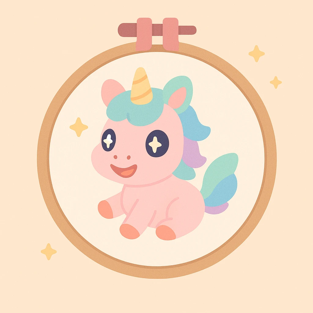 an embroidery frame with a magical creature embroidered, Animal Crossing style, soft colors, cute and cozy emoji