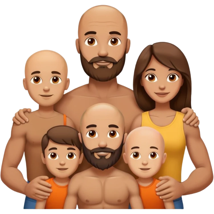 Happy Muscular Bald beard man and his hot wife with long brown hair and 3 sons emoji