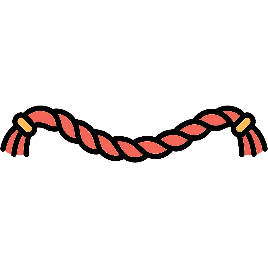 horizontal wide divider: wavy twisted red cord with tassels on edges, thin clean outlines, soft rounded shapes, pastel palette with red accent, detailed shadows and highlights, soft lighting, transparent background, modern Japanese pop art and sticker aesthetic, length about 8 emoji slots emoji