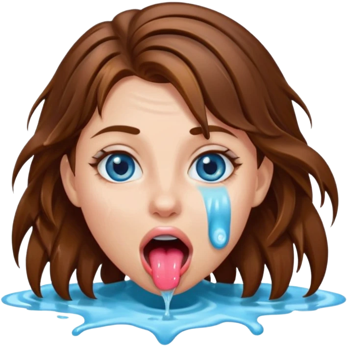Girl with brown hair, blue eyes, a wet slimy face and her tongue out. Slimy water on her face, hair and tongue. Can you make the water more white color emoji