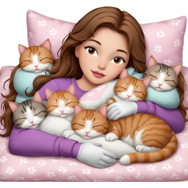 girl with long wavy brown hair, brown eyes, long lashes makeup, sexy pink lips, light to medium complexion,  sleeping on a cozy pillow, with 6 cats: 1 brown and white tabby cat, 1 ginger and white, 2 grey and white, 1 grey with white mittens and small white patch on chest and 1 calico, sleeping emoji