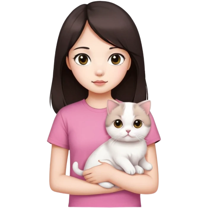This Chinese girl's got fair skin and big black eyes. She's got long dark brown hair and she's wearing a pink t-shirt. She's holding a white Scottish Fold cat. emoji