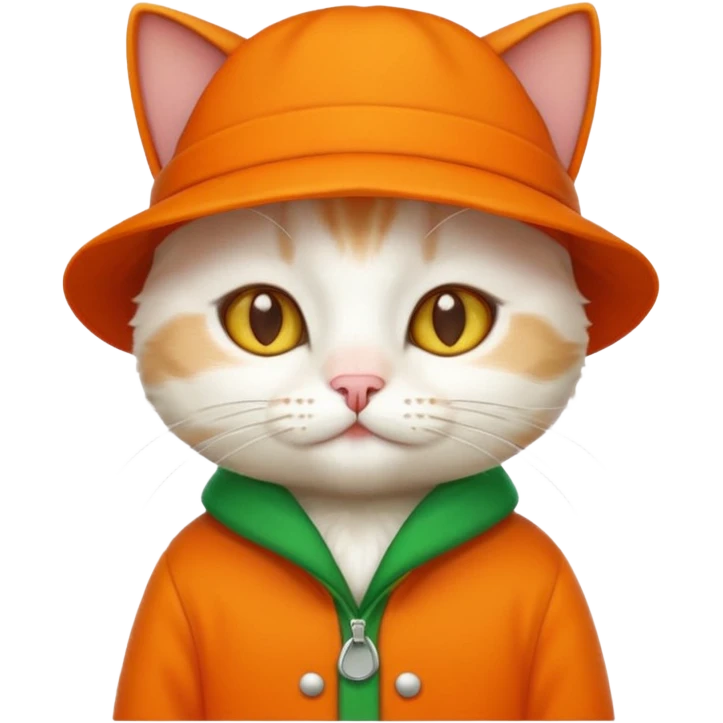 white cat with orange coat and green hat that says 'I'm cat', emoji style variation 2 emoji