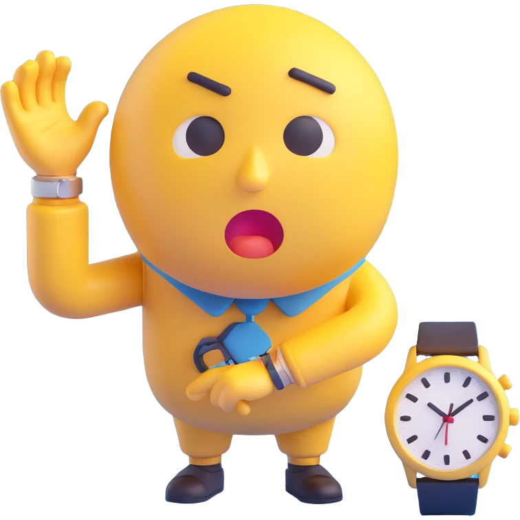 A yellow emoji face with a worried expression, looking at a wristwatch with raised eyebrows, showing urgency and stress emoji