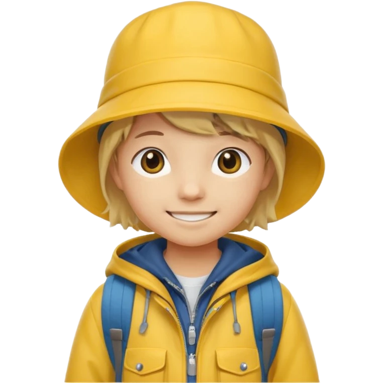 Little student wears yellow bucket hat and jacket, backpack, happ emoji