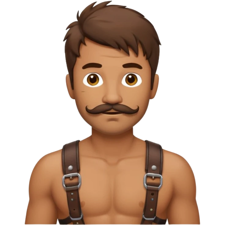 Guy with shaggy brown hair, abs and leather harness with a mustache and chin hair  emoji
