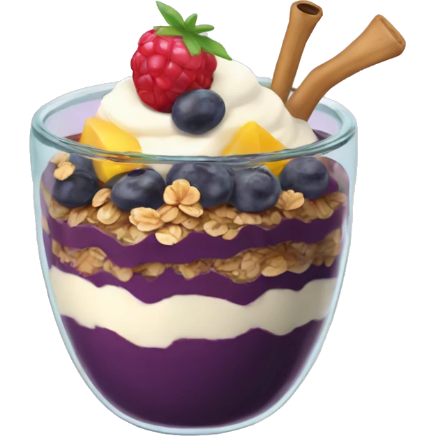 Açaí in a clear cup with layers of fruits and granola and condensed milk emoji