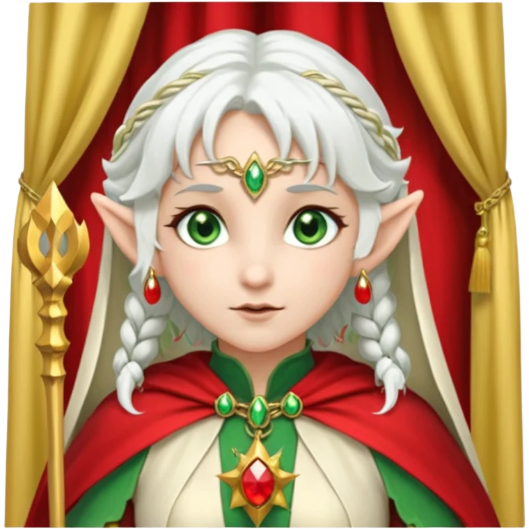 an elf with very white hair and two long pigtails on the side of her head, she has a curtain bang, green eyes, she has a white cape with golden borders and a scepter with a red orb, she has earrings that look like red drops emoji