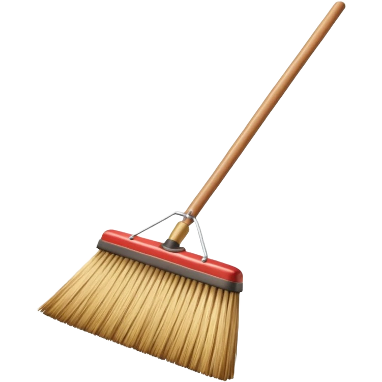 traditional broom with wooden handle cleaning dust from a carpet, straw bristles sweeping visible dust particles, vintage household cleaning tool, simple retro style, 3D cartoon, mobile game icon style, centered composition, clean background, no people, no animals, no text, no watermark emoji