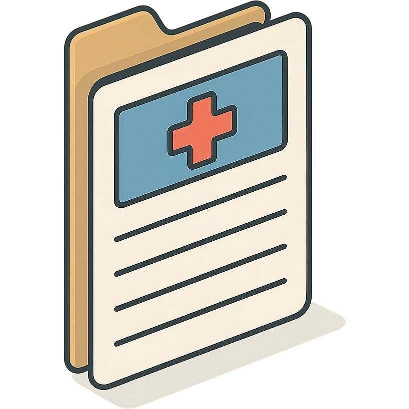 first page of medical history folder with header and fillable fields, 2D isometric style, clean outlines, highly detailed drawing, shadows and highlights, soft lighting, transparent background emoji