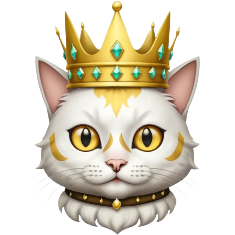 A wizard king cat that is mostly white with big black spots and yellow eyes emoji