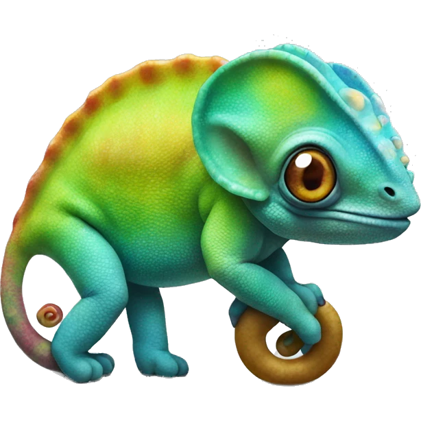 A multicoloured chameleon standing on an elephant emoji