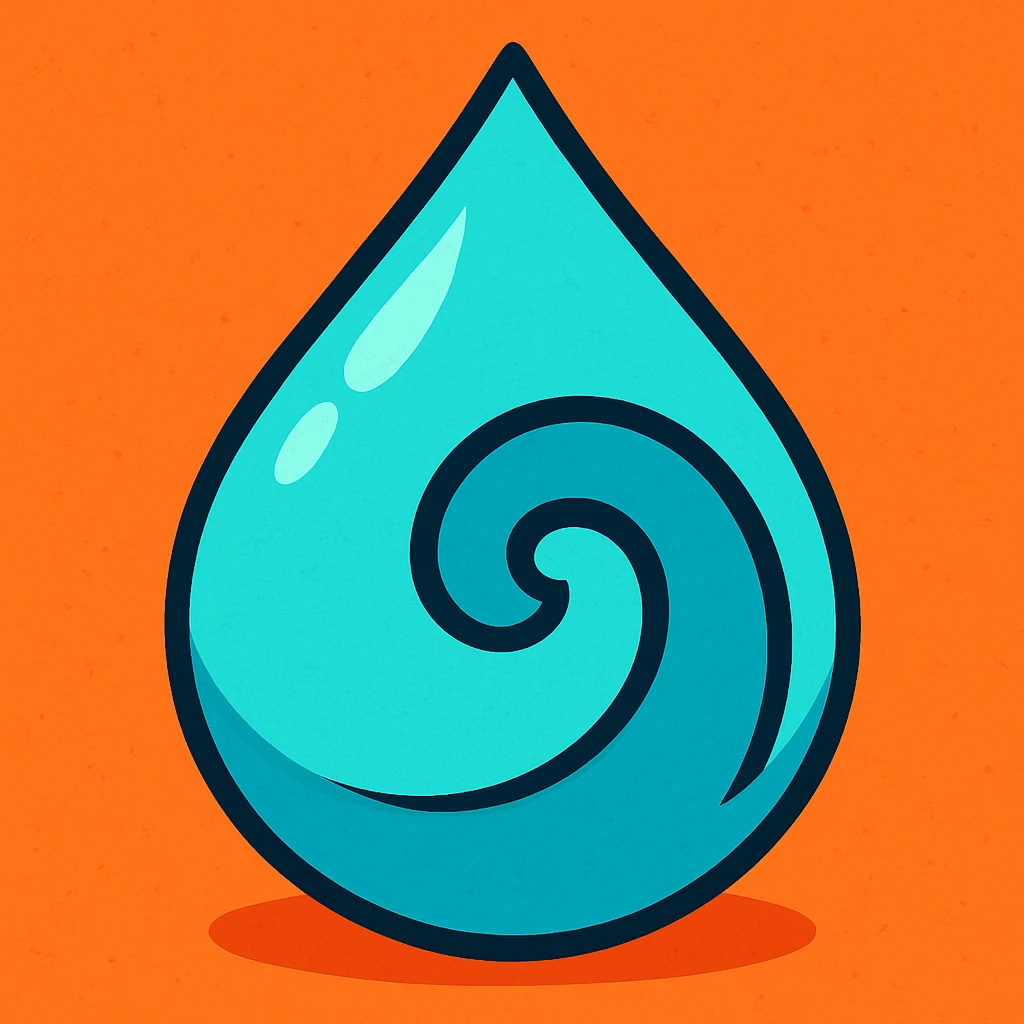 cyan water drop with an abstract cut out swirl, vibrant toon style emoji