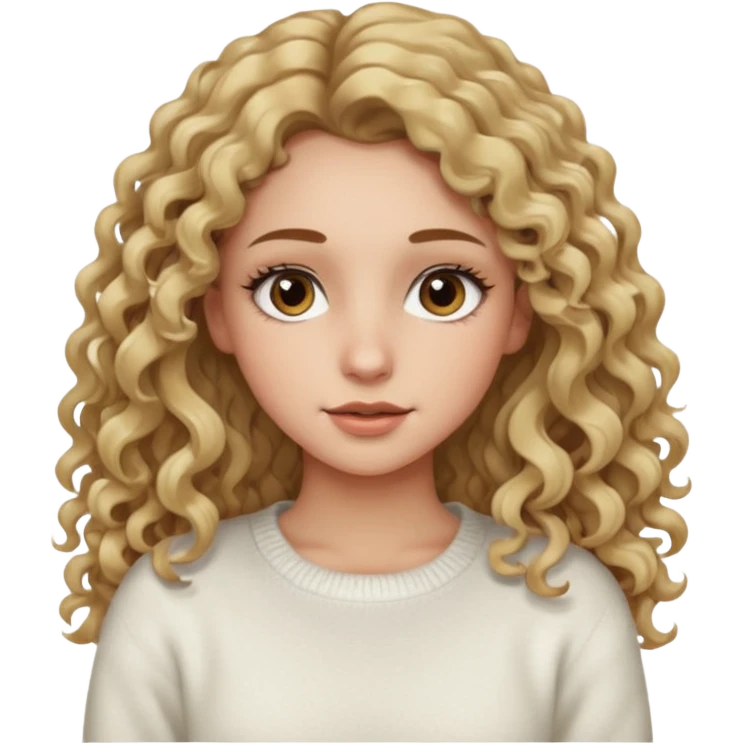 a dirty blonde girl with brown eyes and make her wearing a white sweater and  with really long curly hair and white skin color, long hair and really big lashes emoji