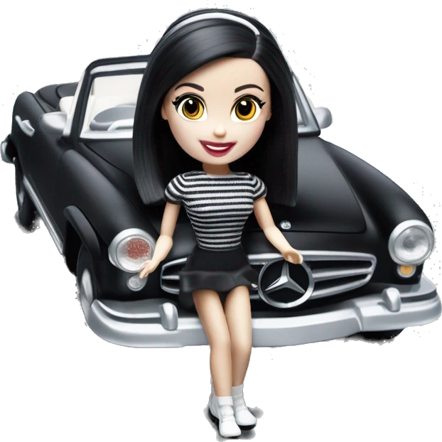 Beach Beauty Barbie, 1965 Wednesday Addams from academy, in dark-gray and black striped outfit with hat. Smiling Driving Mercedes convertible sports car. Pale-white porcelain skin.  emoji