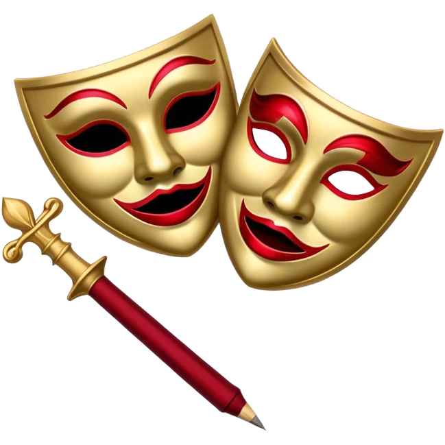Create a bold and dramatic emoji representing the art of playwriting. The design should feature an open script or a theater playbook, with stylized text inside. Include elements like a theatrical comedy and tragedy masks, a stage spotlight, or a writting quill to symbolize creativity and performance. Use deep, contrasting colors like red, black, and gold to evoke the intensity and passion of drama. The overall design should feel dramatic, inspiring, and artistic. Make the background transparent. emoji