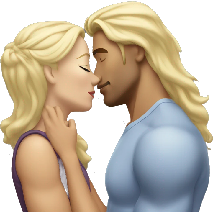 Woman with blonde hair kissing a lean white manmuscular  emoji