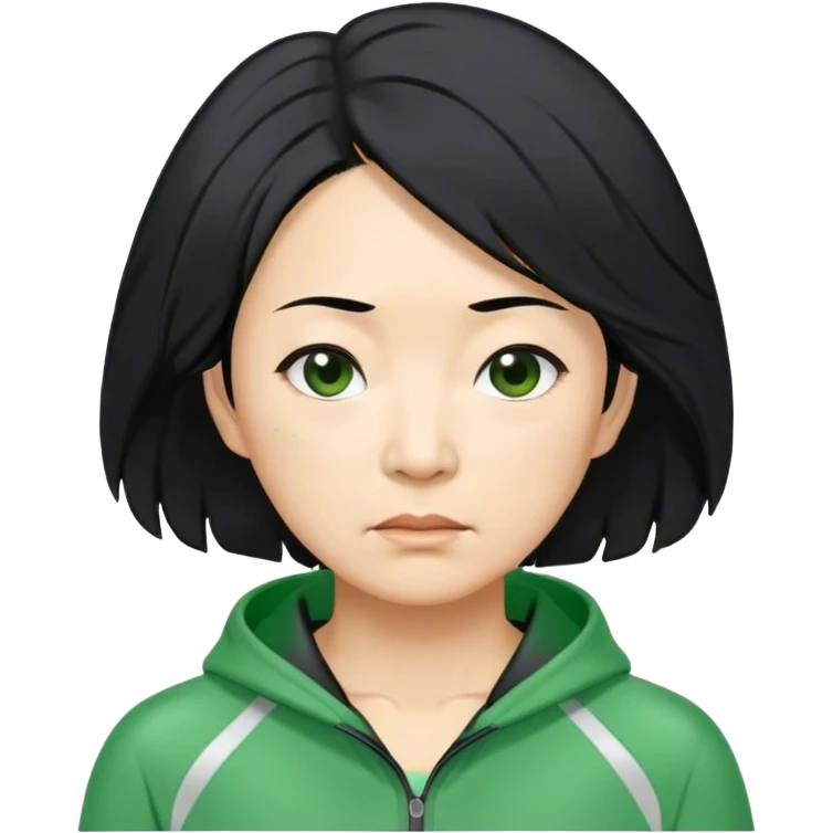 Hong is a middle-aged woman, around 40 years old, green tracksuit.  His black hair, is unkempt and damp with sweat. emoji
