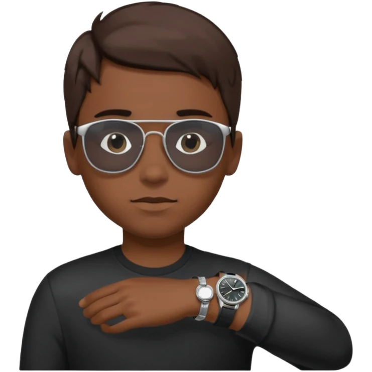 Un niño con pelo lacio color castaño,con lentes de sol negros y un reloj en la muñeca emoji